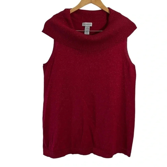 Catherines Red Metallic Sparkle Knit Tank 1X Draped Rolled Turtleneck Sweater - Picture 1 of 5